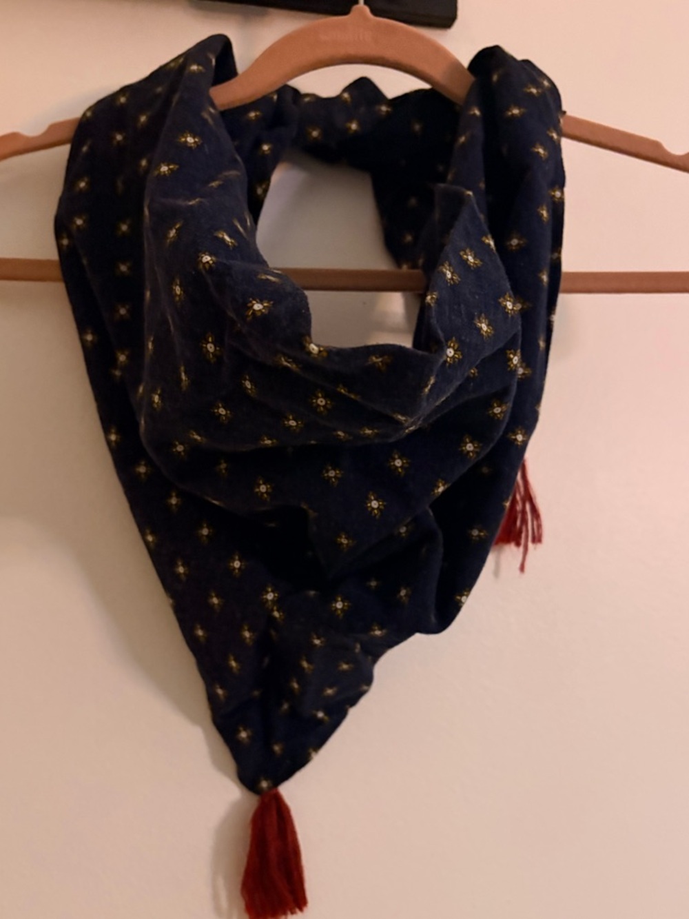 Zara Navy Triangle Scarf with Gold Motif and Red Tassels